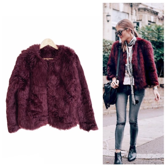 NWT Nordstrom “Chelsea28” Maroon Faux Fur Open Front Lined Long Sleeve Coat - Picture 3 of 7